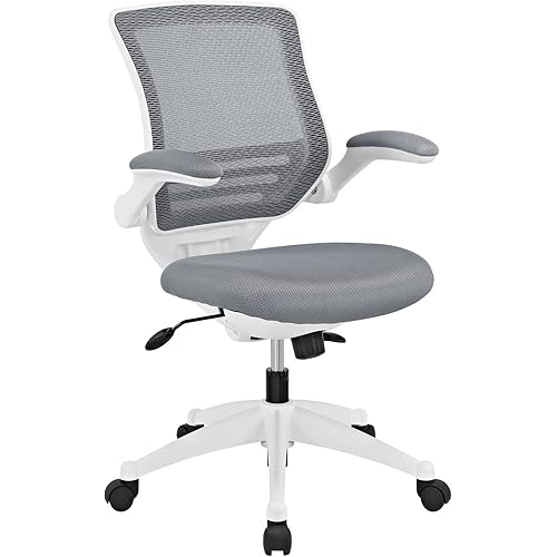 Modway Edge Mesh Office Chair with White Base and Flip-Up Arms in Gray - Perfect For Computer Desks