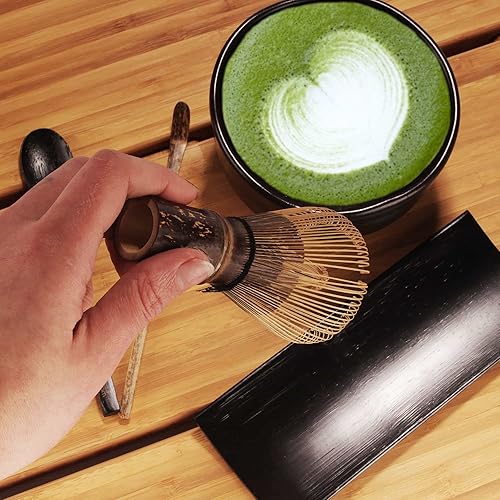 Miniatura 7 de BambooMN Juego de iniciación de batidor de matcha cuenco Chawan Matcha, batidor de té, chashaku, cuchara, soporte de matcha y posavasos de bambú
