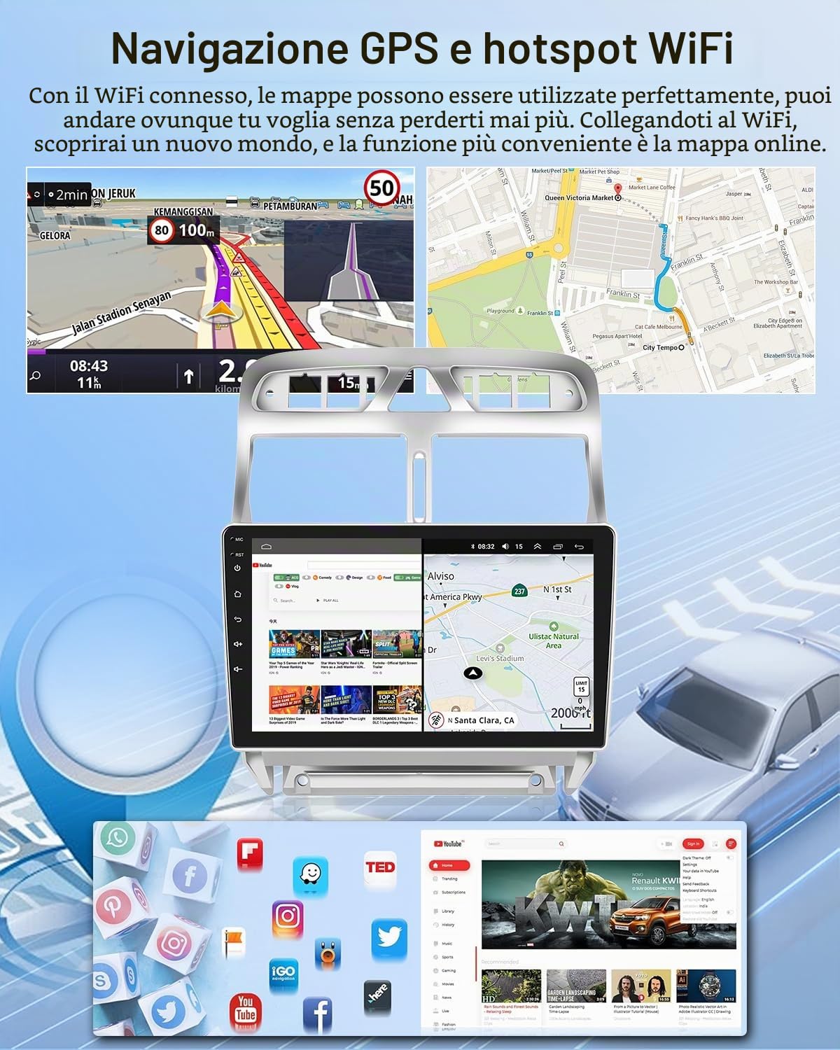 NHOPEEW 2+64G 9 Pollici Radio Android per Peugeot 307 2002-2013 - Wireless CarPlay & Android Auto, Navigazione GPS, Controllo del Volante, FM RDS, Split Screen