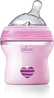 Chicco NaturalFeeling Biberón Anticólicos 0 Meses, 150 ml, con Tetina Inclinada de Silicona Suave y Doble Válvula Anti Cólicos, Alimentación Natural y Lactancia Mixta - Rosa