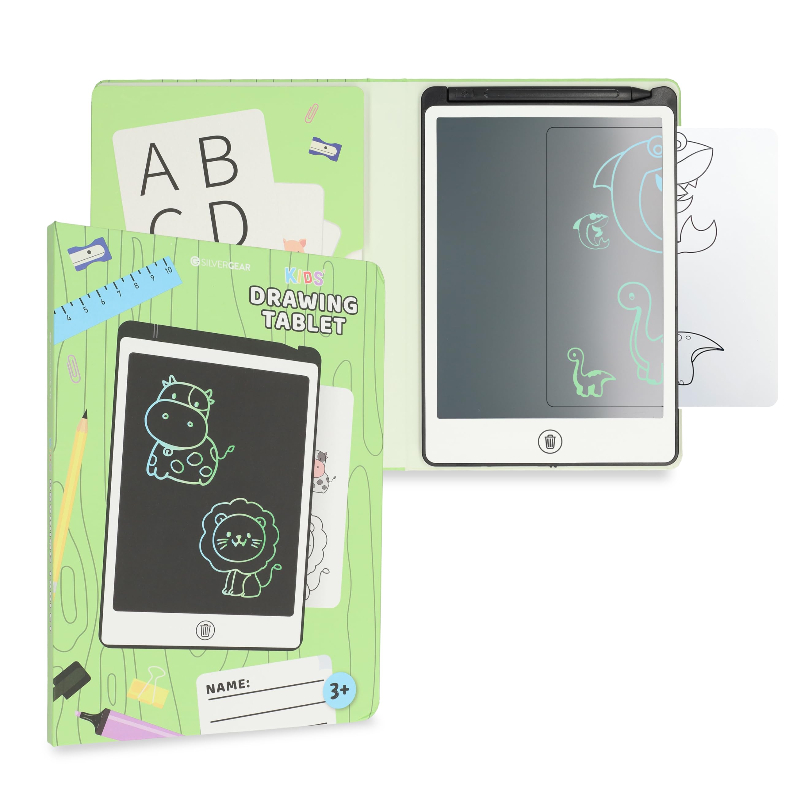 Silvergear® | LCD Schreibtafelfür Kinder | Mit Aufbewahrungshülle und 20 Vorlagen | LCD Zeichenbrett für Kinder | Zeichnen & Malen | Pädagogisches Spielzeug | Ab 3 Jahren | 22.5x14.5x0.5 cm | Weiß