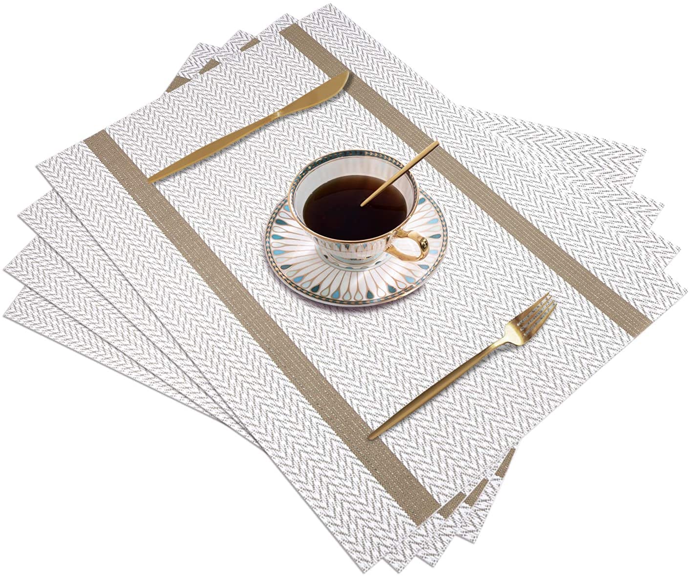 Bhaguji PVC Placemats Set of 4 Heat-Resistant Placemat for Dining Table Woven Vinyl Stain Resistant Table Mats Easy to Clean. (WhiteGold)