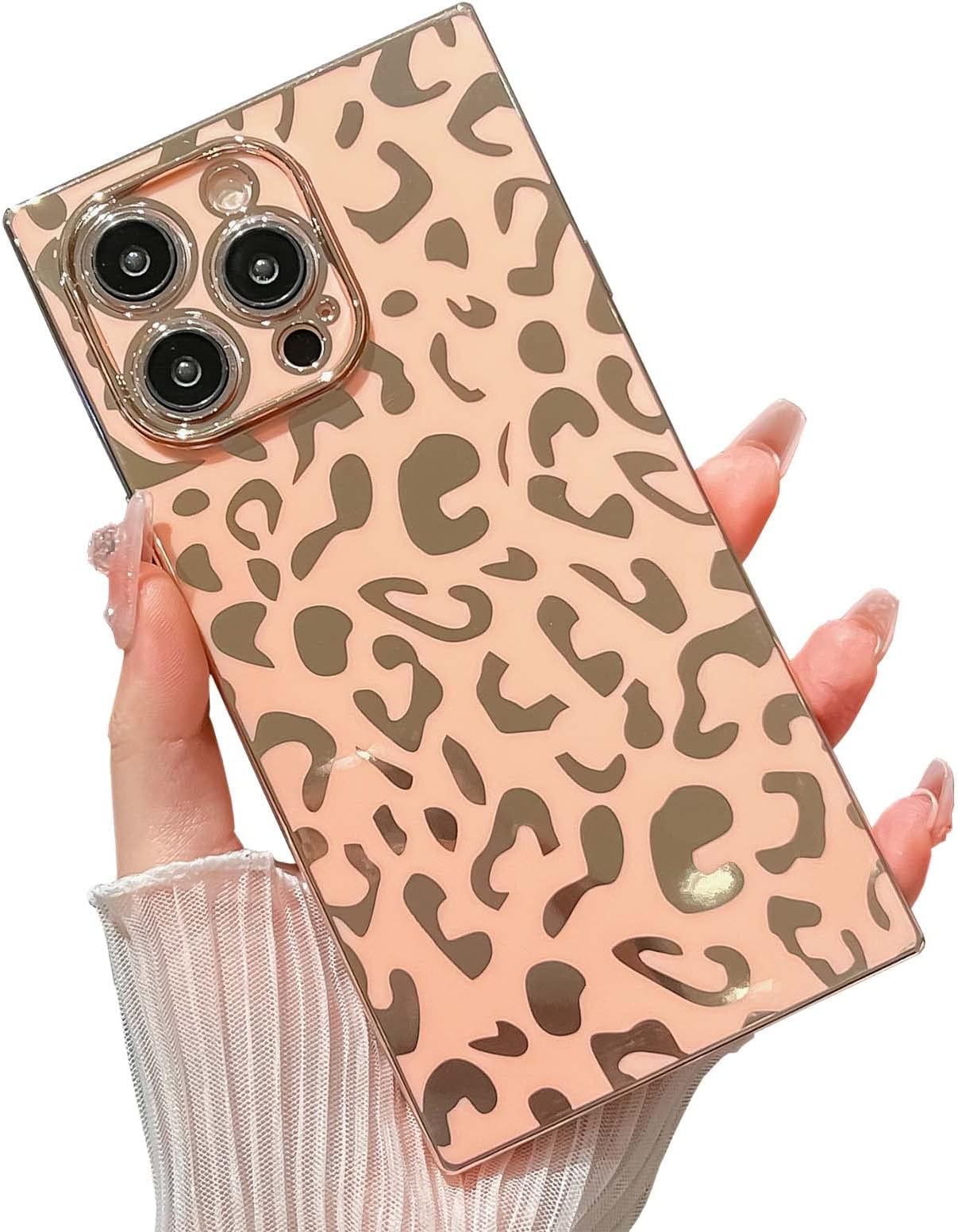 KERZZILElegant Compatible with iPhone 14 Pro Max Square Edge Case, Cute Luxury Leopard Pattern Plating Case Camera Protector Soft TPU Shockproof Protective Corner Back Cover(Pink)
