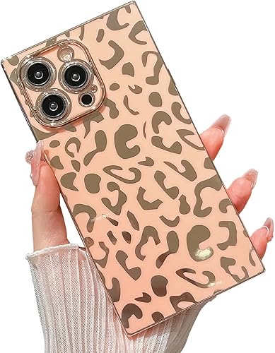 KERZZIL Elegante funda compatible con iPhone 14 Pro Max con borde cuadrado, bonito diseño de leopardo de lujo, protector de cámara, TPU suave, a