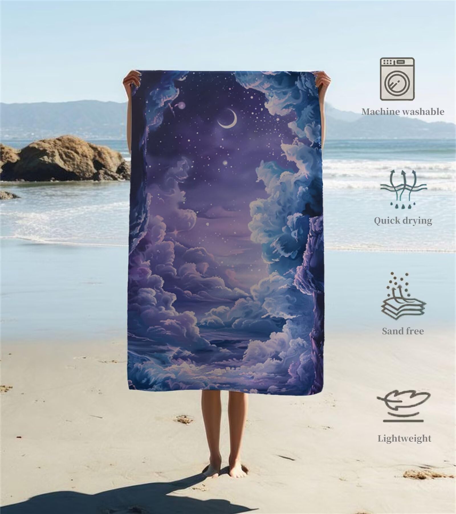 Duży ręcznik z mikrofibry XXL 220 x 100 cm Ręcznik plażowy Księżyc Gwiaździste niebo Ręczniki na siłownię Szybkoschnący, Cienkie i kompaktowe ręczniki kąpielowe, Ręcznik plażowy dla kobiet i mężczyzn