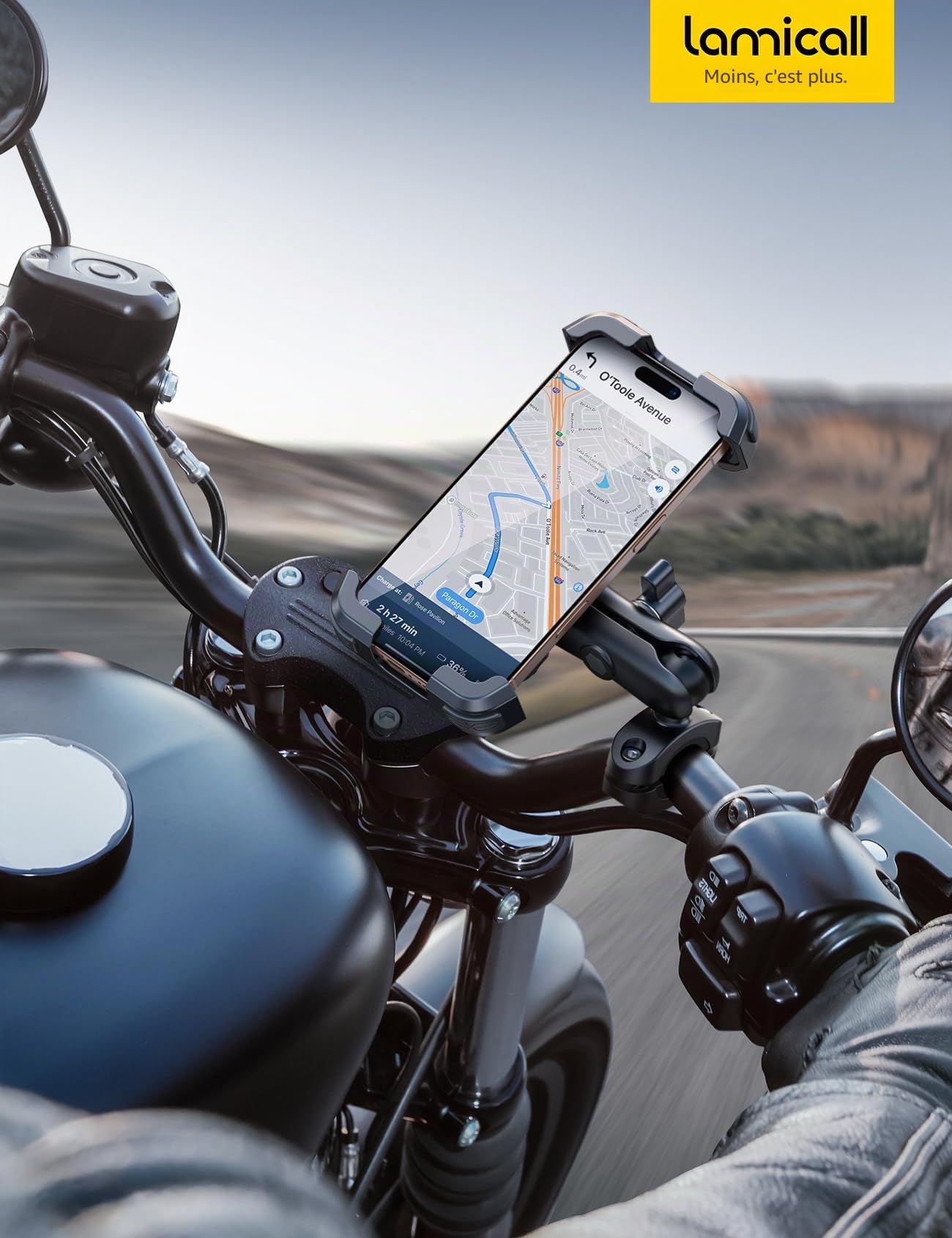 Lamicall Support Téléphone Moto Antivol Double Anti-Vibration Bras Extension Métal pour Guidon Vélo 360° Pivotant iPhone 16 15 14 4,7-6,7"