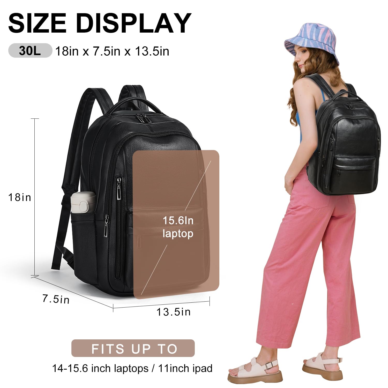 LATMAP Lederrucksack Damen 30L,Rucksack Damen Tagesrucksack Mittel-Groß Laptoprucksack Elegant Handtasche Unisex Lederrucksack mit Geldbörse für Uni Reisen Freizeit