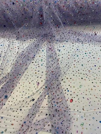 Luvfabrics Beaded Multicolored, Rhinestone gems, on mesh Fabric, 54 inches Wide mesh Lavender
