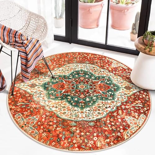 Chaelilife Boho Floral Round Rug For Living Room, 4Ft Persian Small Round Rug For Bedroom, Oriental Distressed Outdoor Throw Mat Washable Non-Shedding Non-Slip Kids Nursery Room Indoor Carpet, Orange #TOP28