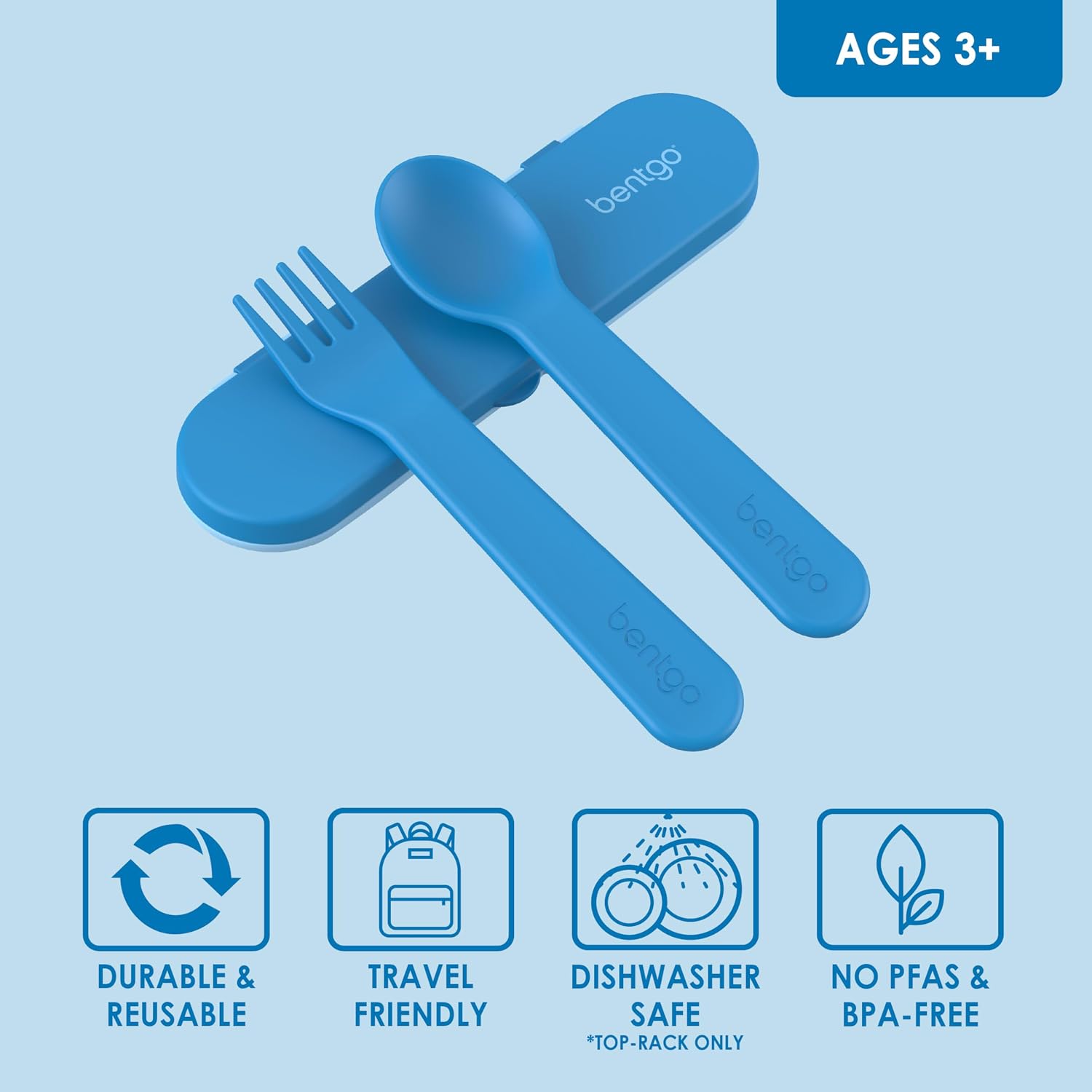 Bentgo® Kids Plastic Utensil Set - Reusable Fork, Spoon & Storage Case, PFAS- & BPA-Free, Easy-Grip Handles, Lightweight, Dishwasher Safe, School Lunch, Travel & On-the-Go (Blue)
