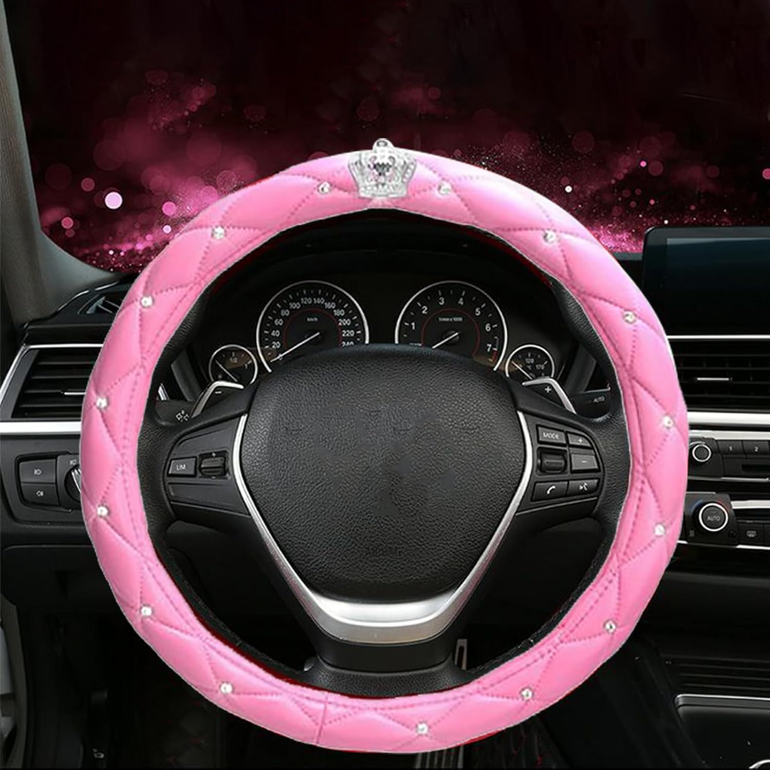 Cryfokt Universal Rhinestone PU Leather Steering Wheel Cover, Cute Korean Style, Anti Slip Grip Car Steering Wheel Cover, Universal Steering Wheel Protector for Women (Pink)