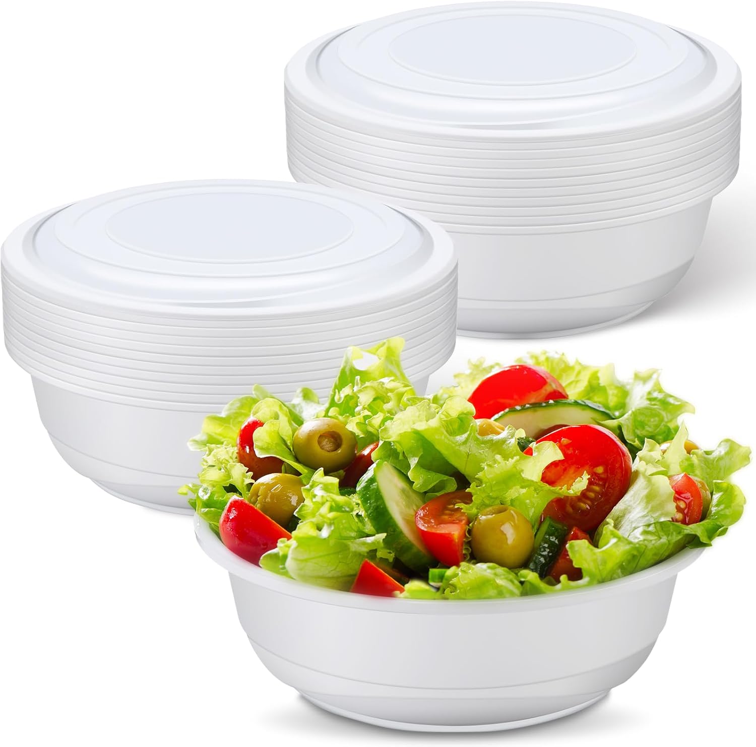 20 Pack 162 oz Large Plastic Serving Bowls with Lids Round Extra Large Disposable Salad Bowls Containers Chip Candy Dish for Salads and Snacks Party Picnic Buffet Eating (White)