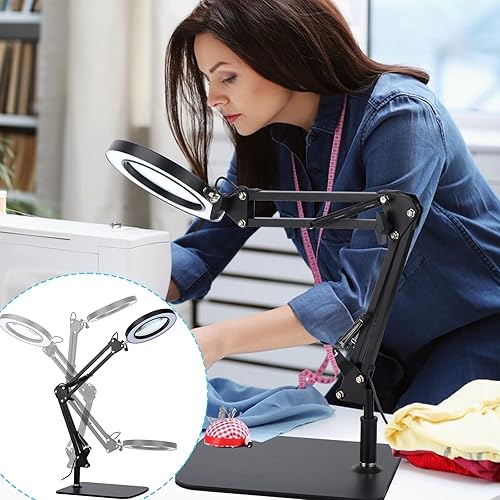 Miniatura 3 de Lámpara de escritorio con lupa LED con soporte y abrazadera, 3 modos de color y lente de vidrio de 5 dioptrías con atenuación continua, brazo