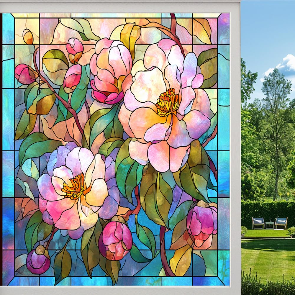 Spring Camellias Frosted Window Film, Watercolor Floral Natural Plants Stained Glass Privacy Film, Heat Insulation Self-Adhesive Vinyl for Bathroom Office, （80x140cm）