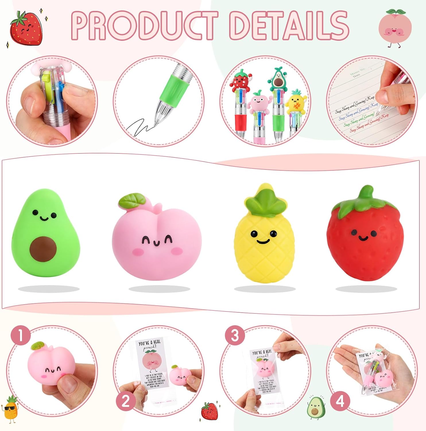 TaoBary 15 Sets Fruits Motivational Support 4-in-1 Multicolor Ballpoint Pen Squeeze Mini Stress Balls Gift Bulk Inspirational Card for Volunteer Coworker Teacher Graduation Office Rewards Party Favor