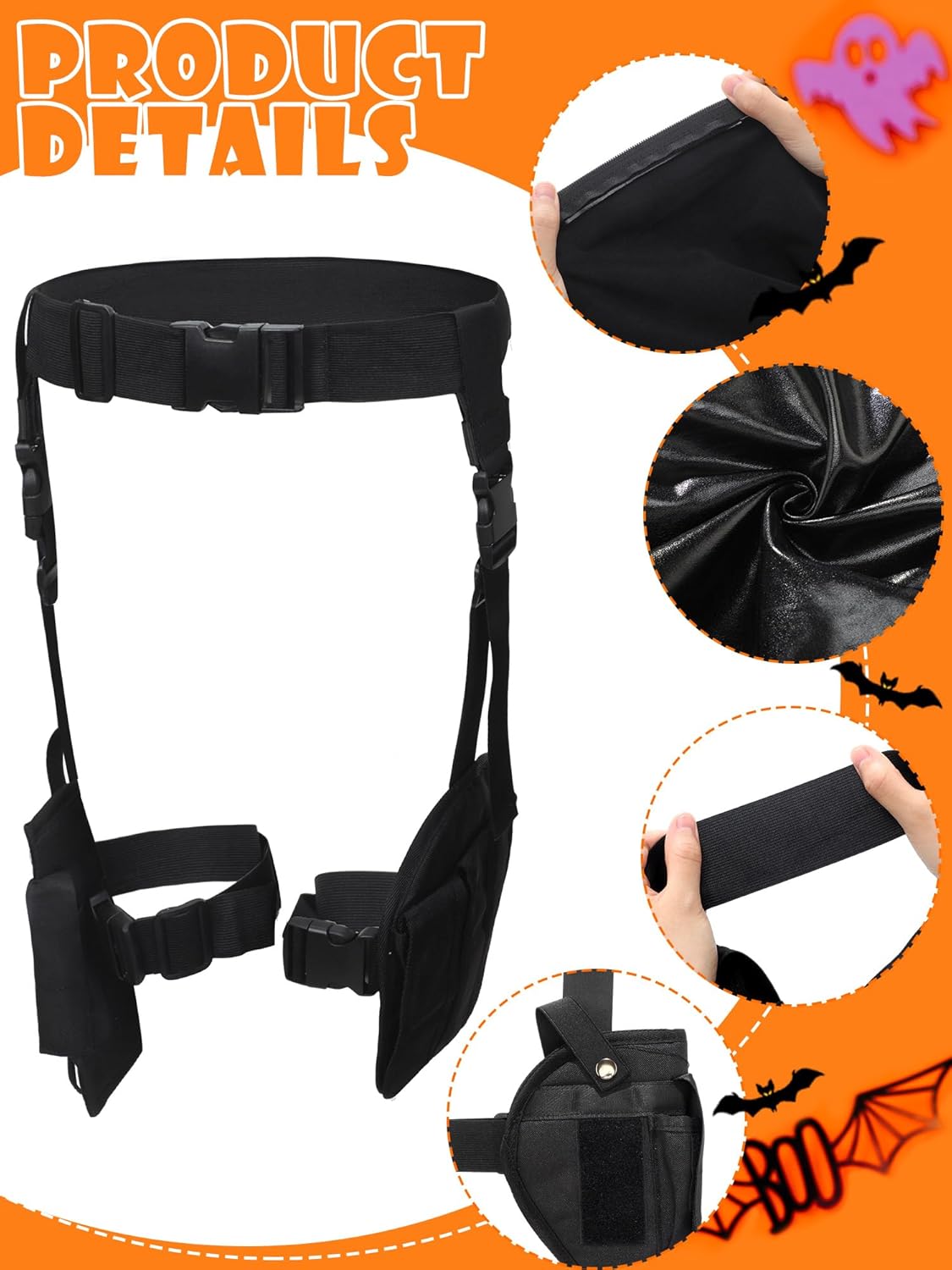 Miniatura 3 de Hercicy 4 piezas negro Catsuit mujer Halloween Cosplay disfraces pierna pistolera piel sintética guantes sin dedos cinturón elástico