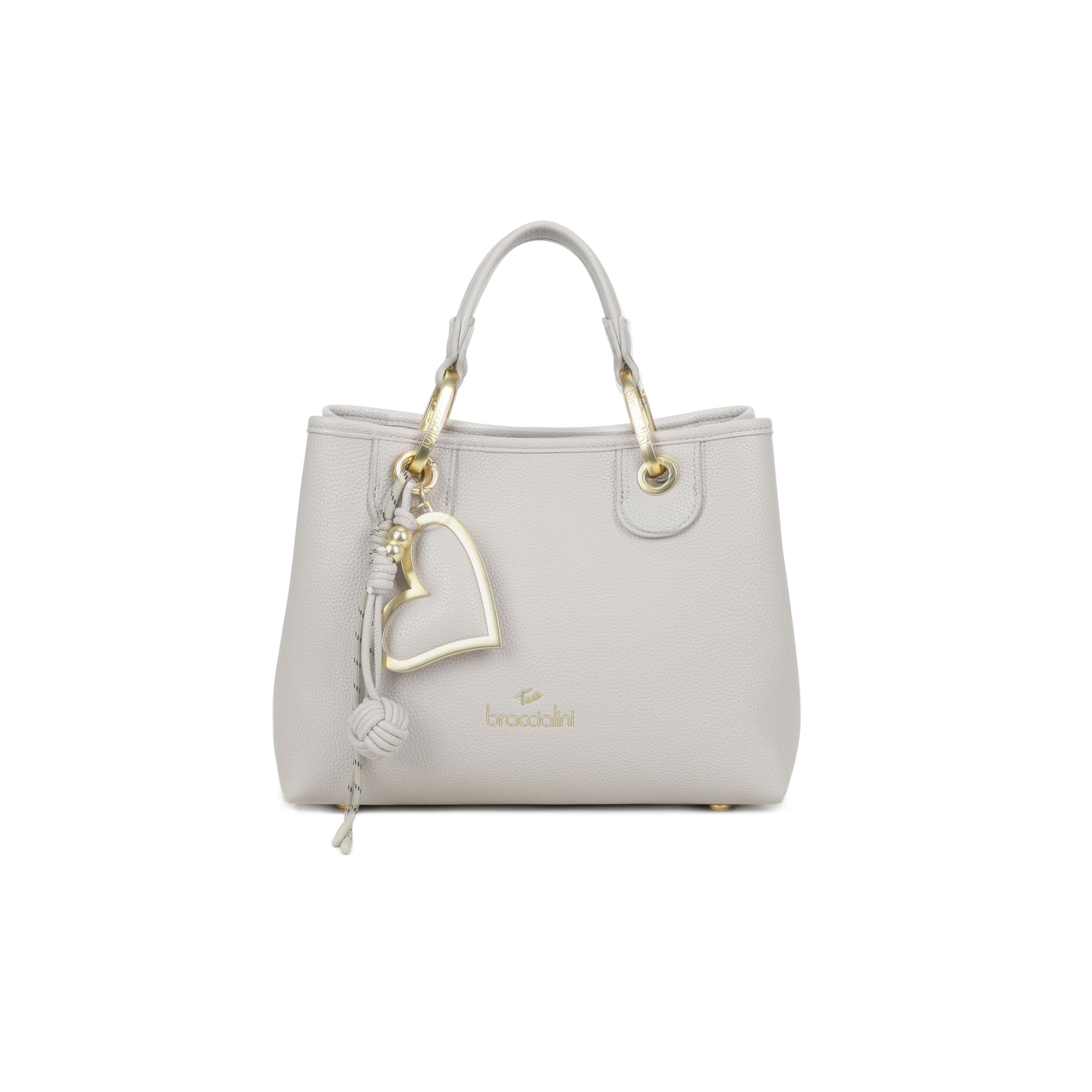 Braccialini Beth Bolso pequeño de piel sintética con diseño grande y elegante, asas dobles y correa de hombro ajustable y extraíble con logotipo que ofrece doble portabilidad para su uso