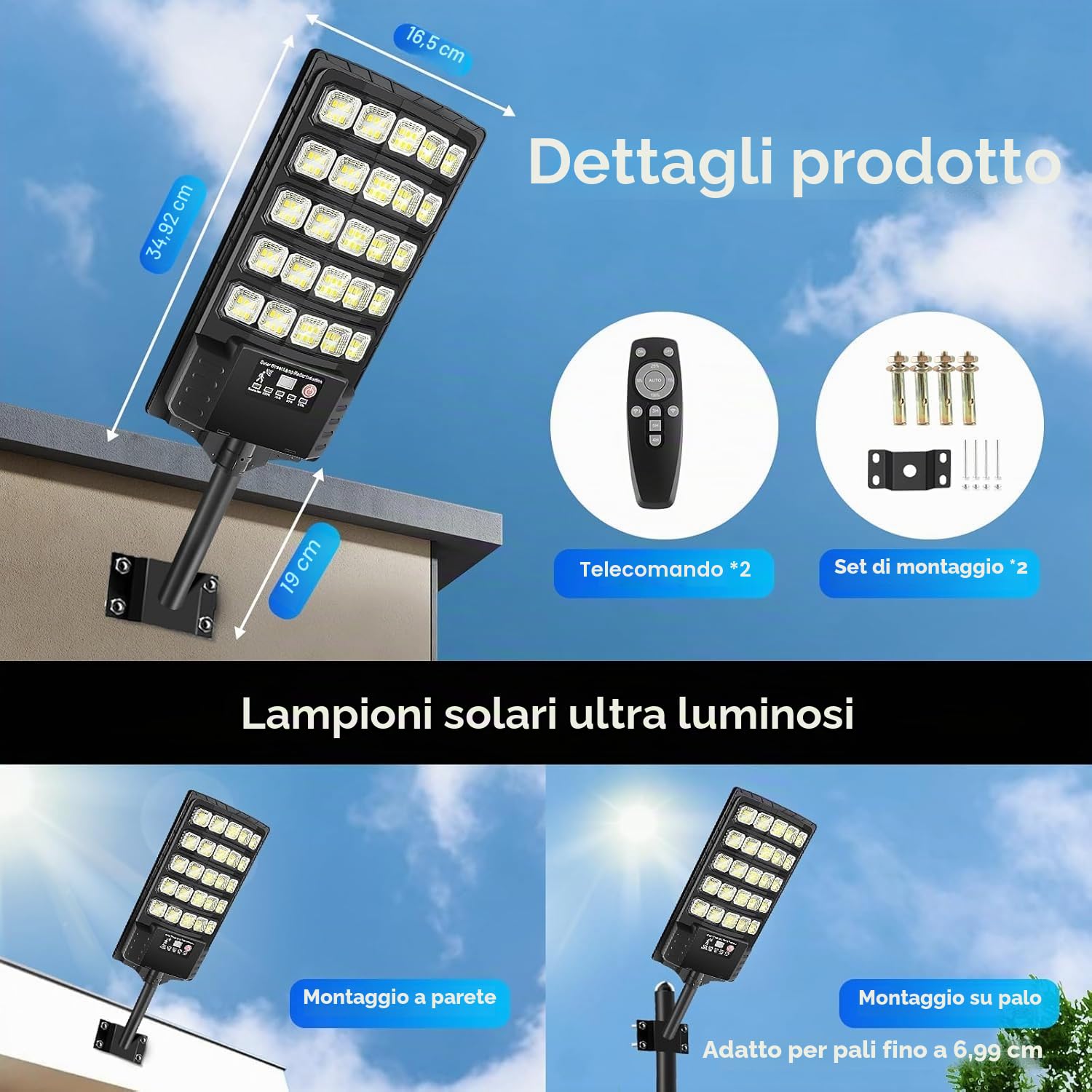600W Lampione Solare Led Esterno 2 pezzi,IP66 Impermeabile Faretto Stradale con Sensore di Movimento,6500K Lampioni da Giardino Esterno Solari per Garage Strada
