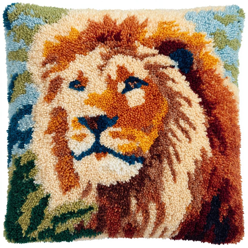 Taxpy Latch Hook Kit, Animal Lion Cushion DIY Pillow Materials Package 43cmX43cm Hooks Knitted Embroidered Carpet Pillow Embroidery Latch Hook Carpet Kit
