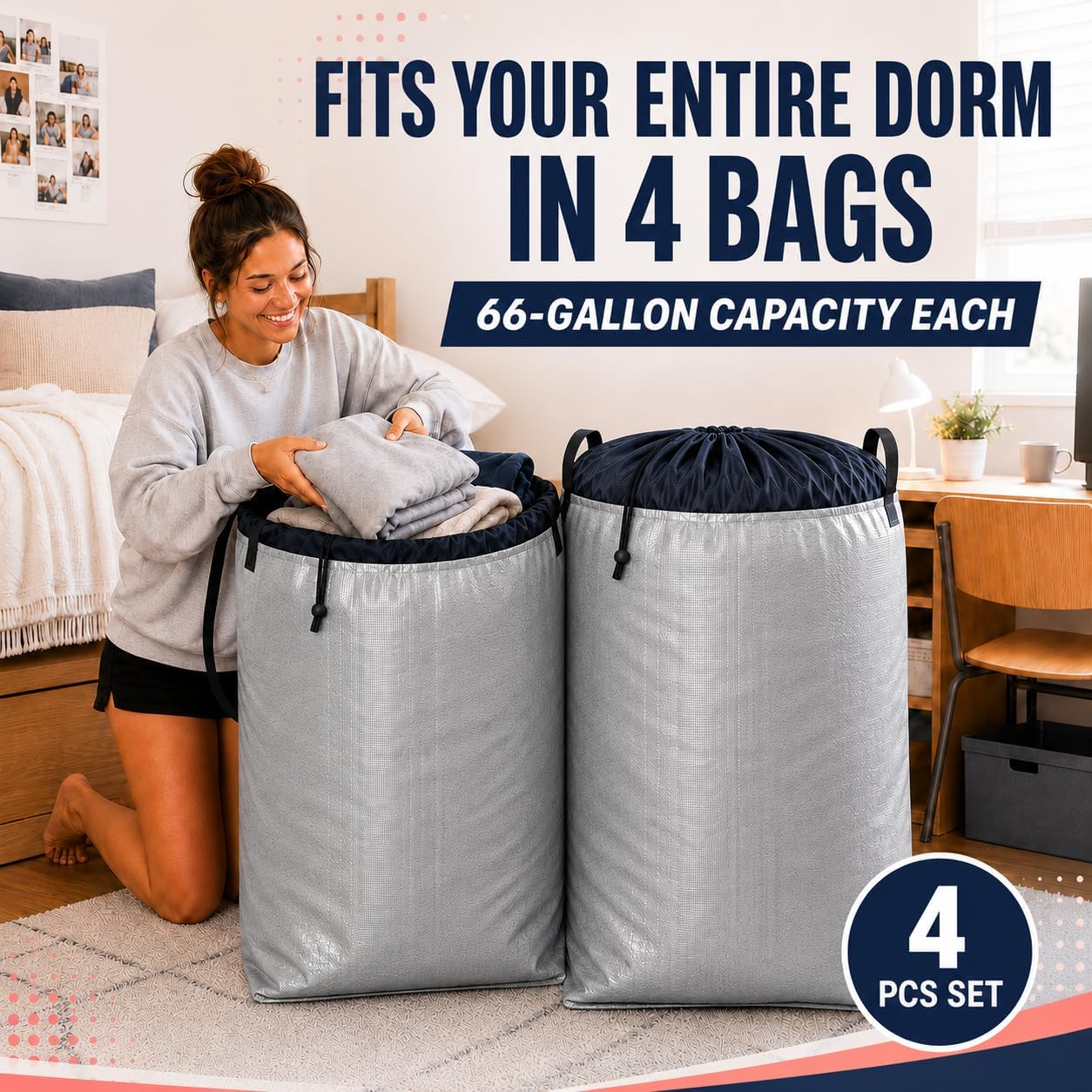 Moving Bags Heavy Duty Extra Large, 66 Gallon XL Waterproof Storage Bags with Handles, College Packing and Moving Supplies, Set of 4 image 2