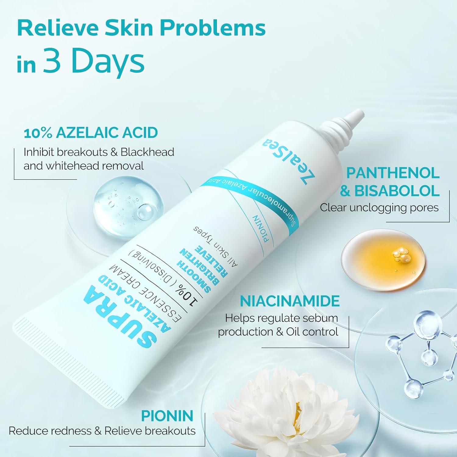 ZealSea Azelaic Acid 10% Facial Cream for Redness Relief Face Skin Care, Pimple Pigmentation Blackhead, Balance Excess Sebum, Clarify Skin, Soothe Irritation,1 Oz, Pack of 2