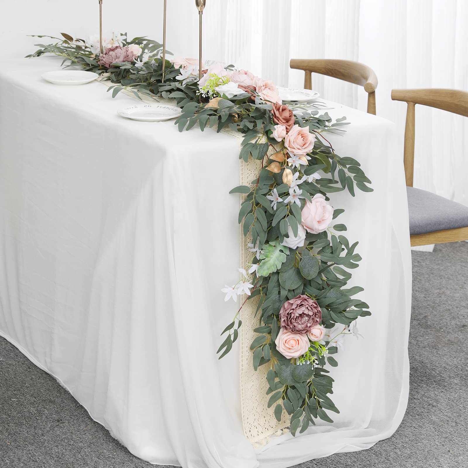 SOJOCK 6.6FT Artificial Eucalyptus Garland with Flowers, Wedding Table Rose Flower Garland Handcrafted Wedding Centerpieces for Wedding Decor, Ceremony Reception Table Centerpieces Decorations