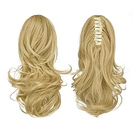 Sofeiyan 13 Ponytail Extension Long Curly Ponytail Clip in Claw Hair Extension Natural Looking Synthetic Hairpiece for Women, Light Blonde mix Bleach Blonde Evenly
