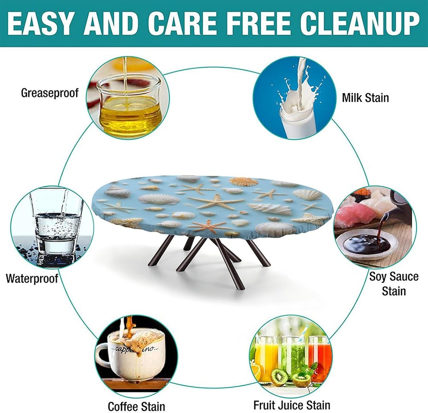 Fitted Oval Tablecloth, Coastal Seashell Pattern Printed on Dinning Table Cover, Perfect for Holiday Dinners Banquets Events & Everyday Use, Fits for 52" x 70" Oval Table