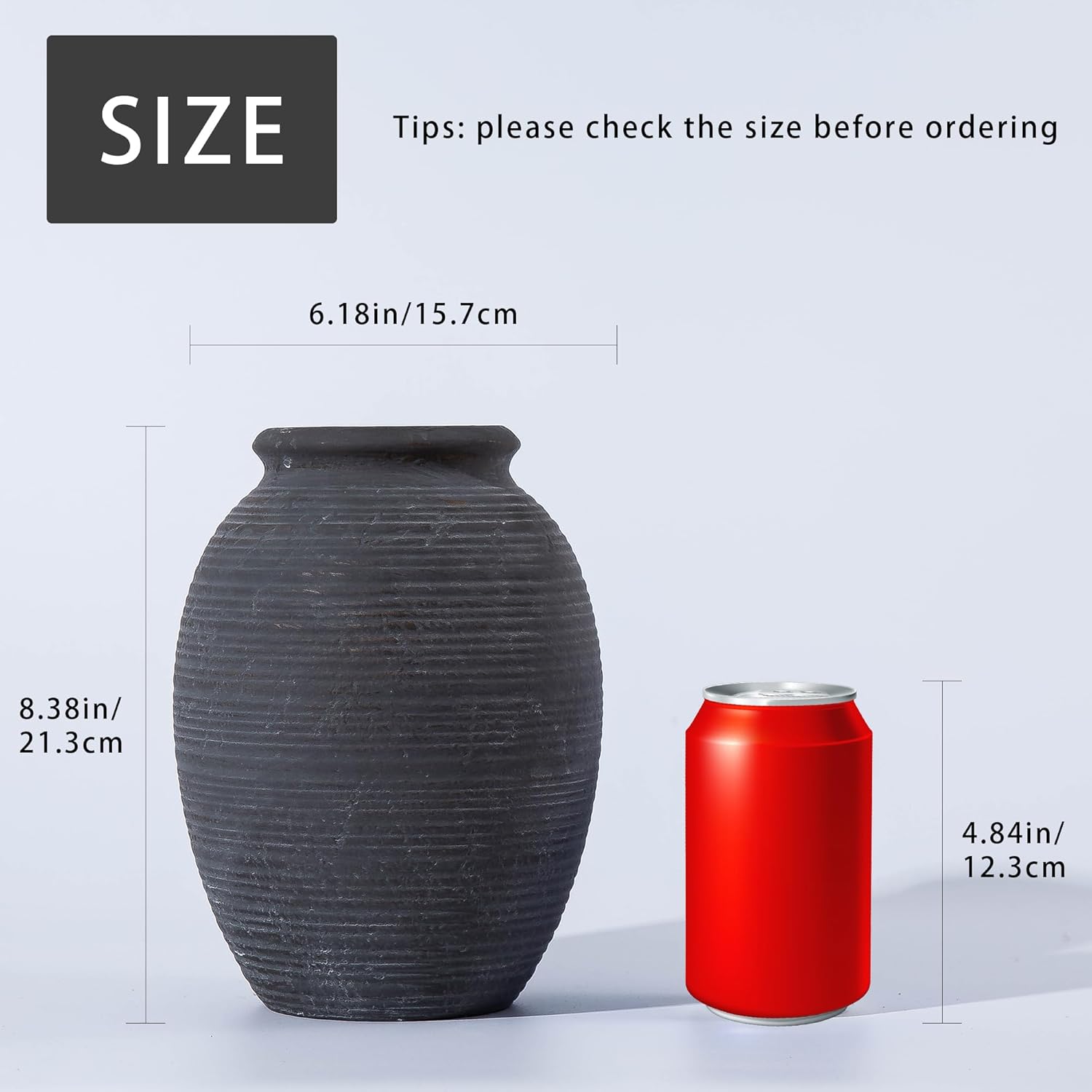 8 Inch Ceramic Black Vase -Rustic Flower Decorative Vases for Home Decor- Vintage Pottery VaseTerracotta Vase for Christmas, Farmhouse House Shelf Decor Farmhouse Table, Lyeec - Image 2