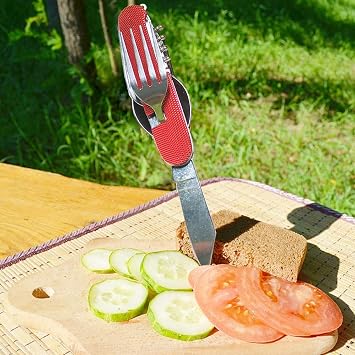 UNCLE JAKE 4 Set 6-in-1 Camping Utensil Stainless Steel Fork Knife Spoon Bottle Opener, Travel Cutlery Set with Both Hands