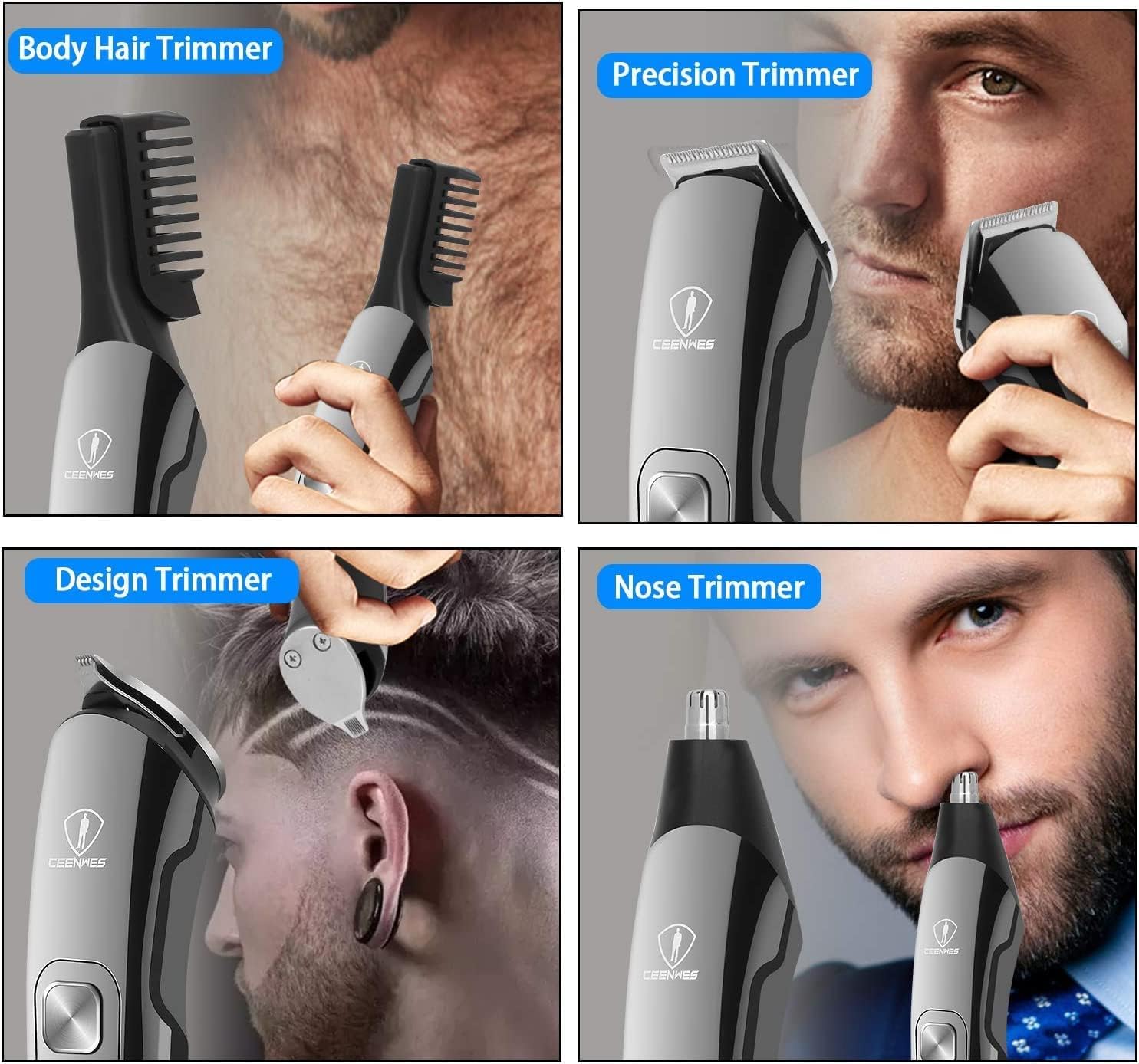 Four images showing different trimmer heads in use: Body Hair Trimmer, Precision Trimmer, Design Trimmer, and Nose Trimmer.