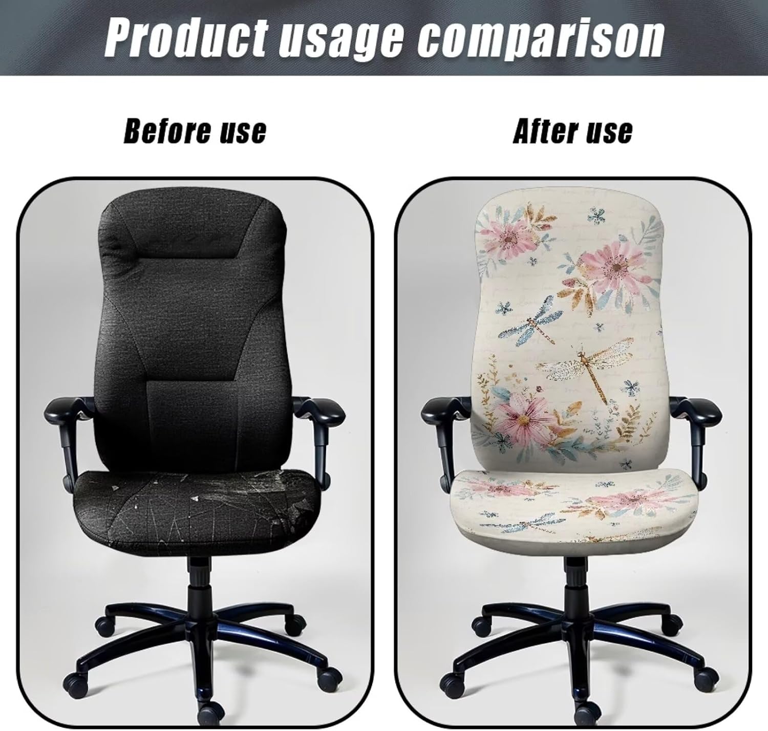 Dragonfly Floral Letter Print Office Chair Cover, Removable Office Chair Seat Covers Breathable Rotating Chair Slipcovers Water Resistant High Back Computer Chair Cover-L