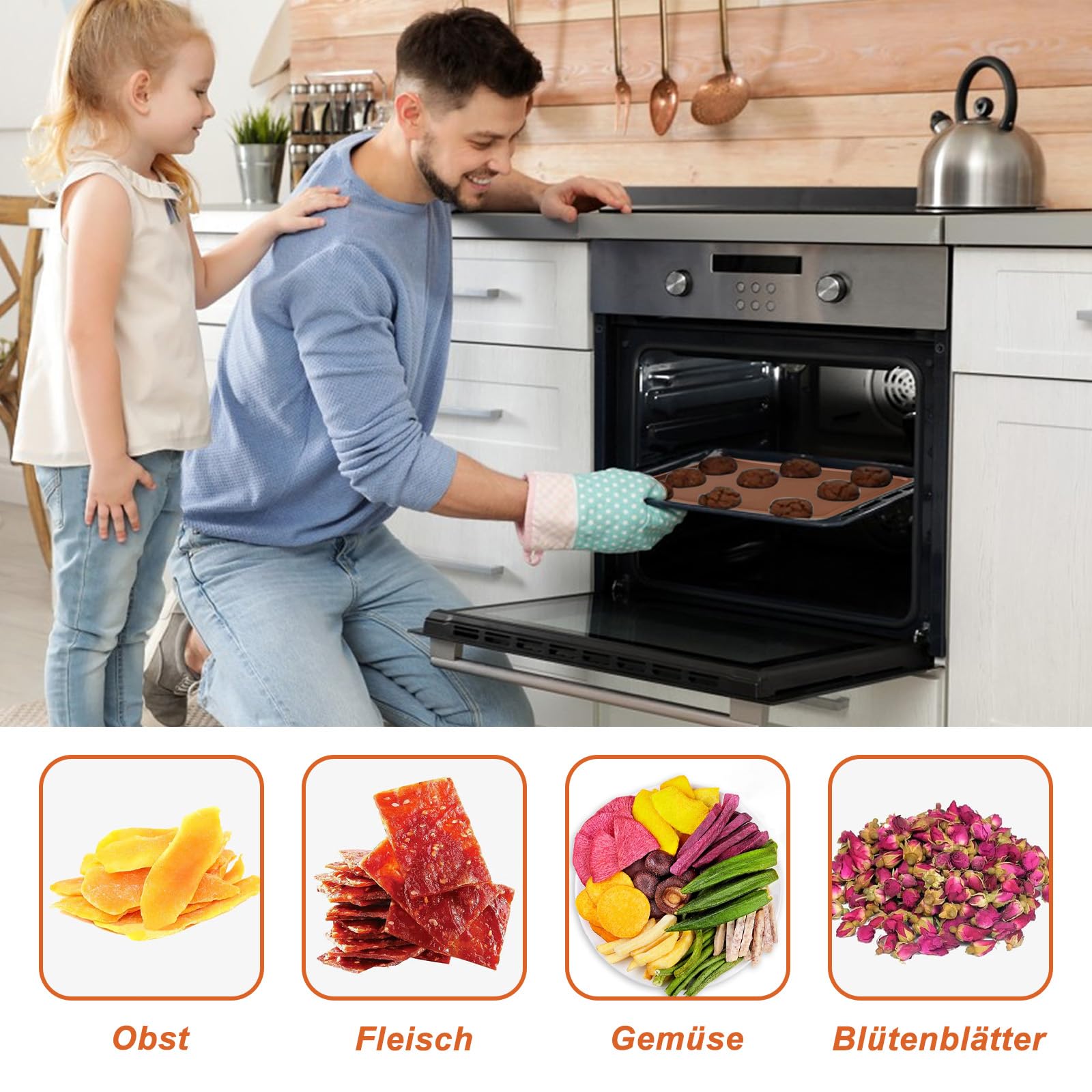 6 Stück Silikon Dehydrator-Blätter mit Rand, Dehydratormatten mit antihaft beschichtet, Antihaft Dörrfolie für Dörrautomat, Wiederverwendbare Lebensmittel Obst Dörrgerät Matten, BPA Frei