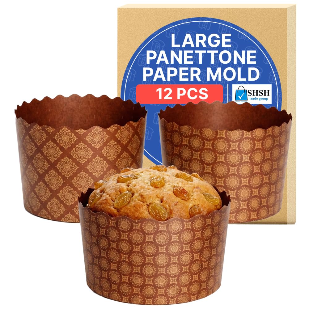 Photo 1 of 15 oz Panettone Paper Mold Standard | 12 Pack | Round Non Stick Panettone Paper Baking Molds Kulich Paska Pascha Brown Design