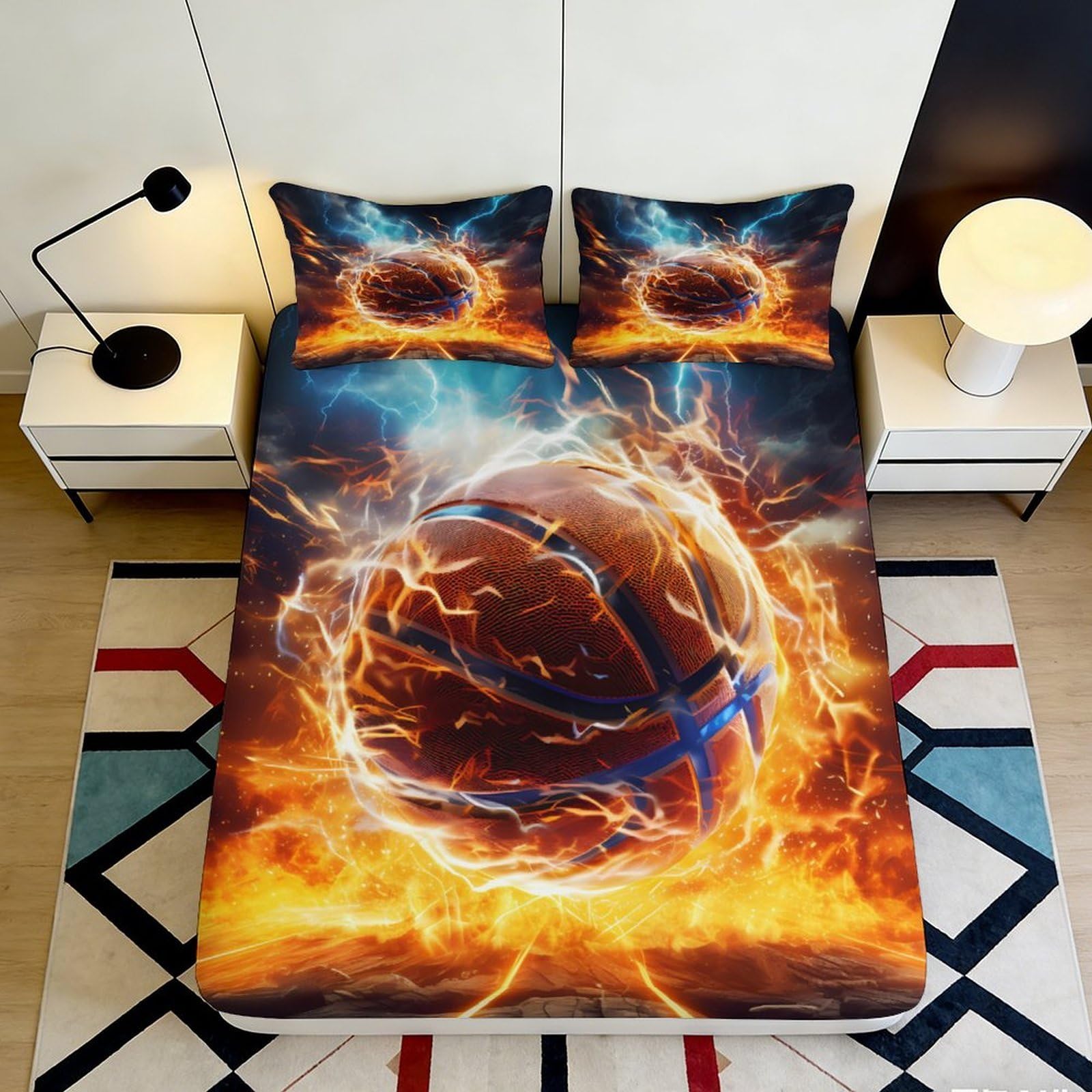 3D Printed Fire Basketball Fitted Sheet Microfiber Lightning Mattress Cover Anti-Slip Machine Washable for Bedroom Decor 180x200x25cm