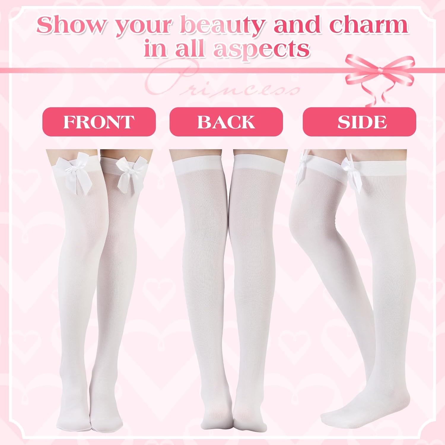 Preboun Satin Bow Accent Thigh Highs for Women, Cute Lolita over Knee Stockings, Rave Socks for Princess Dress Cosplay Party