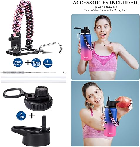 Miniatura 4 de Amiter - Botella de agua con tapa de boca ancha, pajita y asa (22, 32, 40 o 64 onzas), botella de acero inoxidable 188 con aislamiento al vacío,