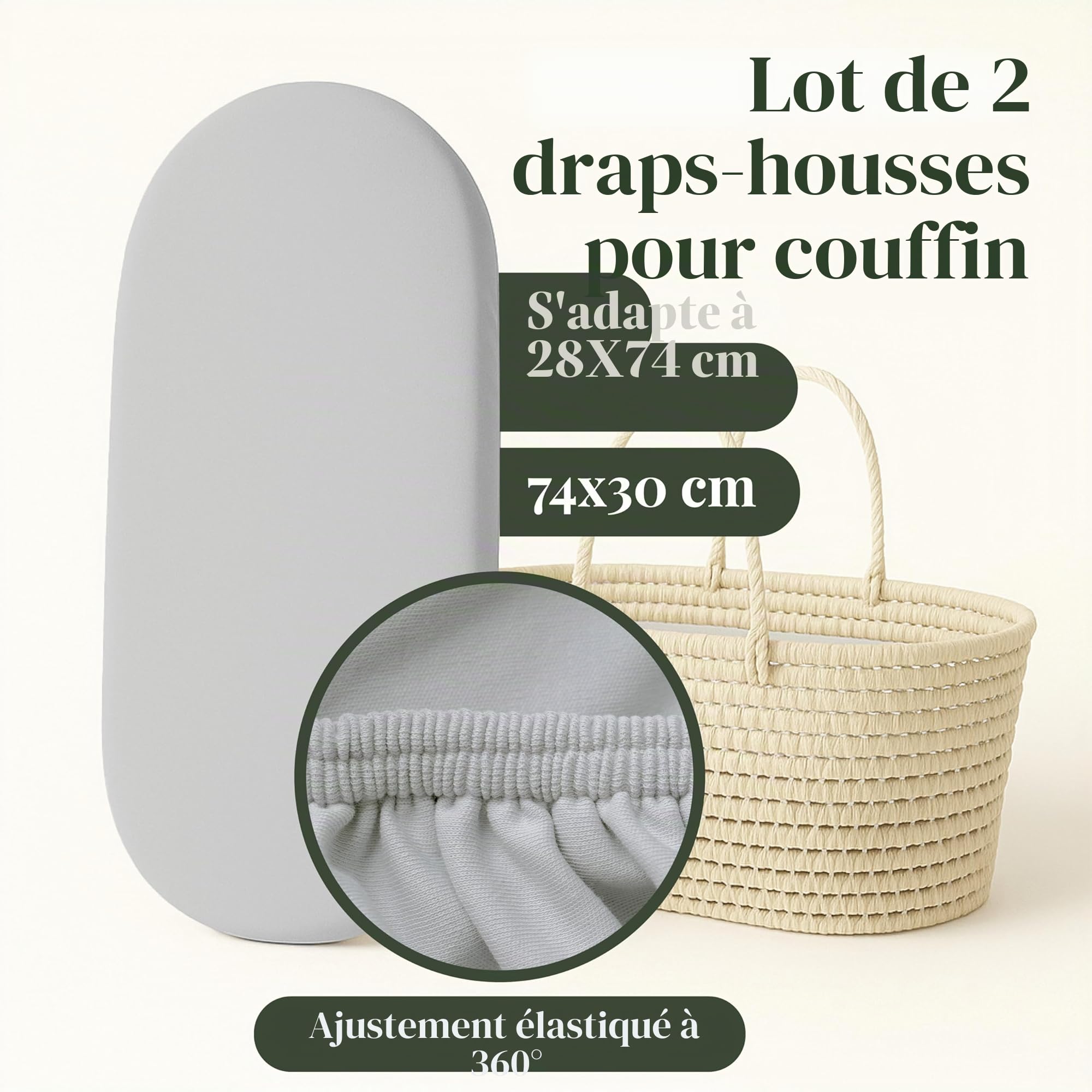 Drap Housse Couffin 28x74 / 30x70 Cm pour Matelas Ovale – Coton Biologique CERTIFIÉ GOTS – Épais (190 GSM) Et Ultra Doux – Drap Housse 100 % Coton Bio pour Panier Moses