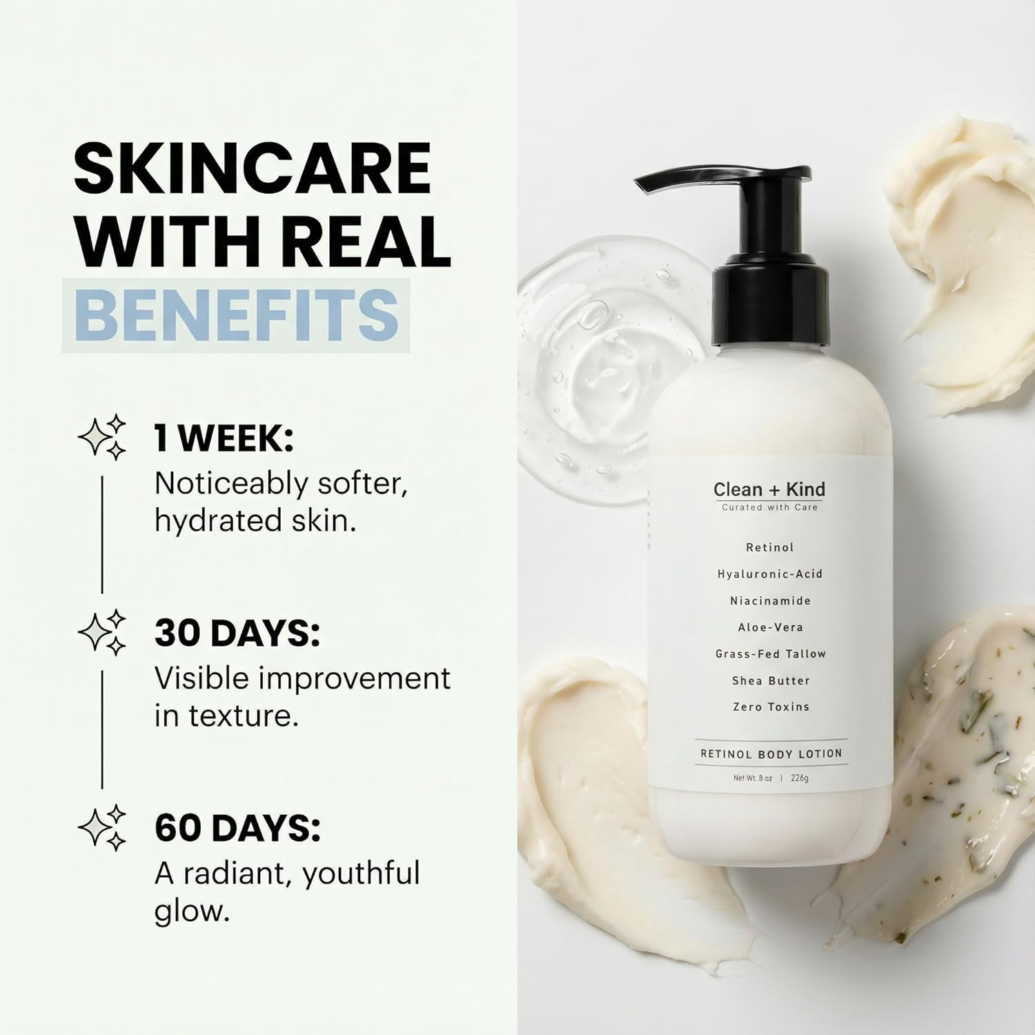 Clean + Kind Firming Retinol Body Lotion for Wrinkles & Crepey Skin – Anti-Aging Moisturizer with Hyaluronic Acid, Niacinamide, Aloe Vera, Shea Butter & Grass-Fed Tallow Skincare - Image 5