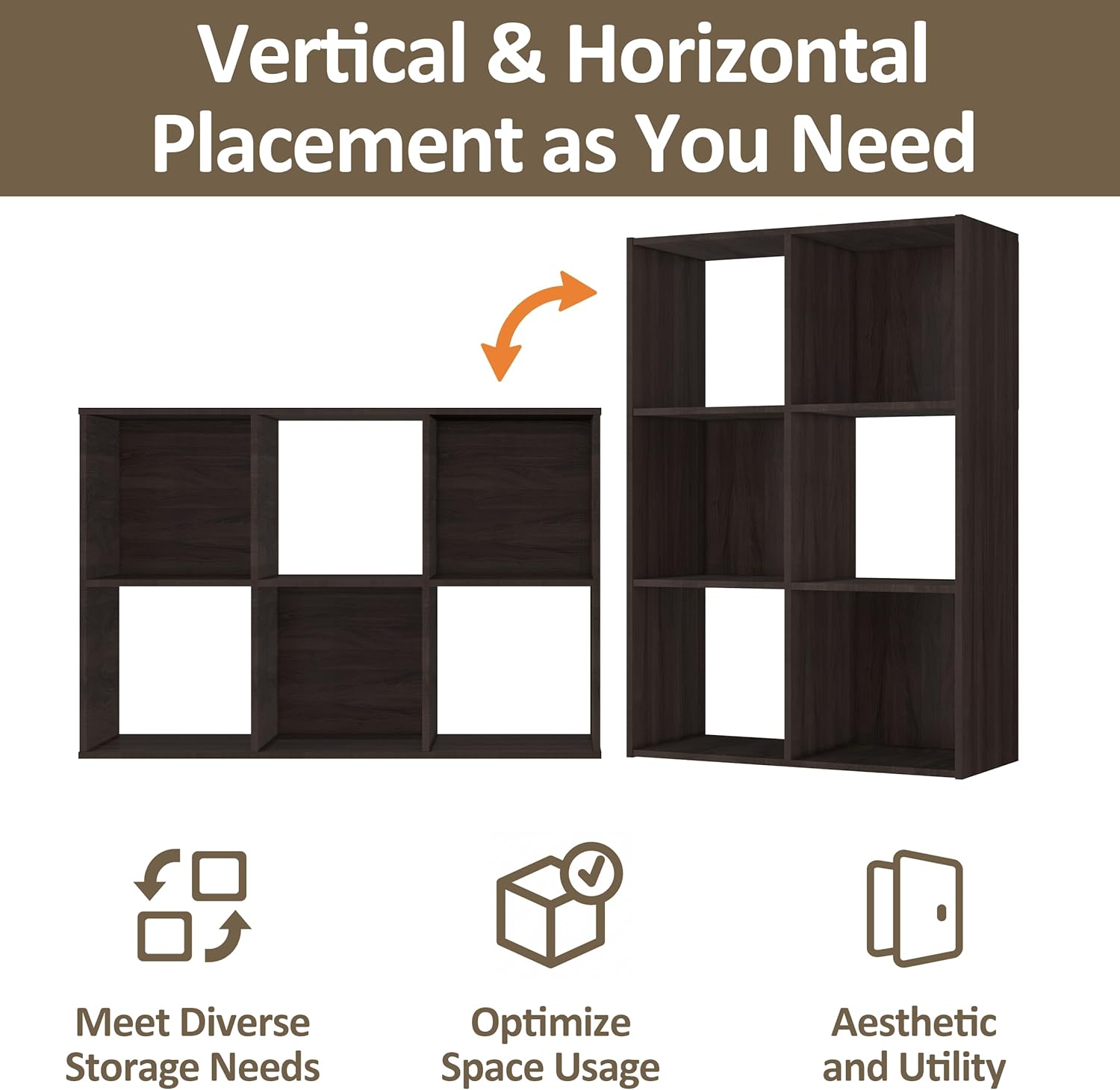 PrimeZone Stackable 6 Cube Storage Organizer: Wood Cubes Shelf Fits Cubby Bins - Square Cubicle Bookshelf with Shoe Rack for Closet Bedroom - Open Storage Shelf for Toy Clothes Book Shoe, Espresso
