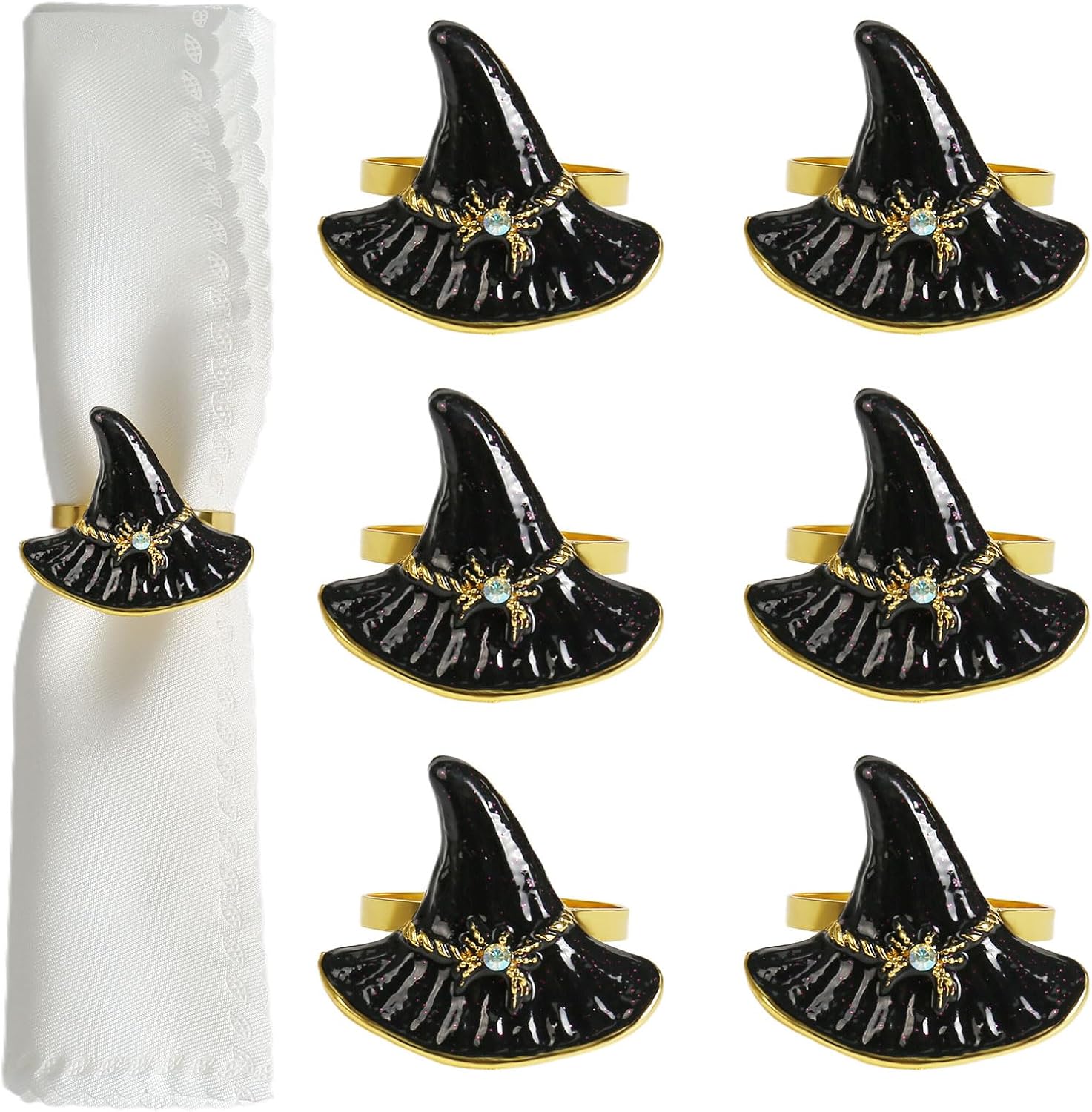 Halloween Napkin Rings Set of 6, Black Hat with Spider Napkin Rings Holders Metal Buckle Serviette for Halloween, Horror Theme Party, Autumn Holiday, Dining Table Decoration