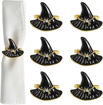 Halloween Napkin Rings Set of 6, Black Hat with Spider Napkin Rings Holders Metal Buckle Serviette for Halloween, Horror Theme Party, Autumn Holiday, Dining Table Decoration