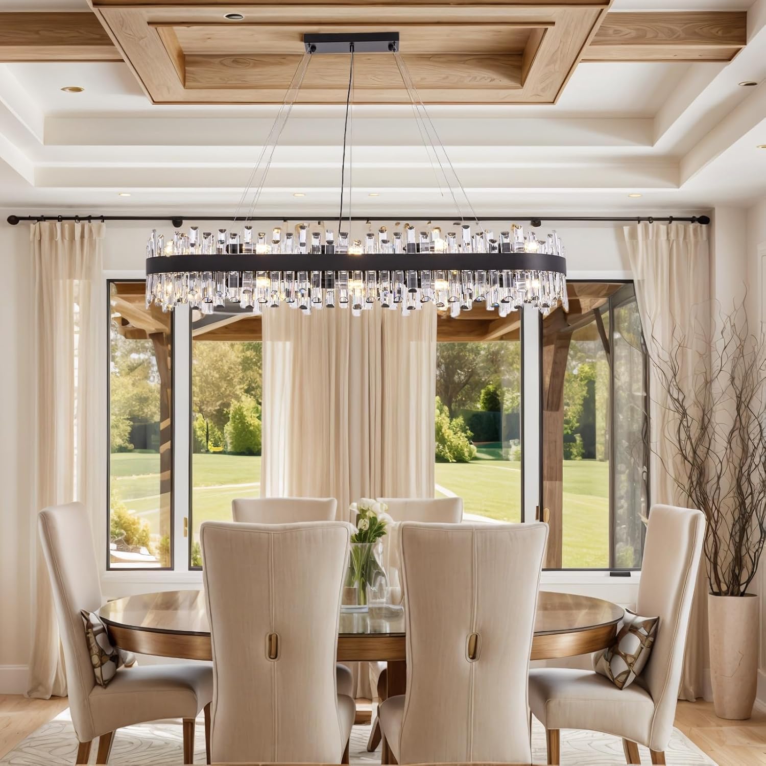 CROSSIO Large Rectangular Crystal Chandelier for Dining Room, 20-Light Modern 2-Tiers Oval Flush Mount Pendant Ceiling Light Fixture for Living Room Kitchen Island Bar 52 Inches