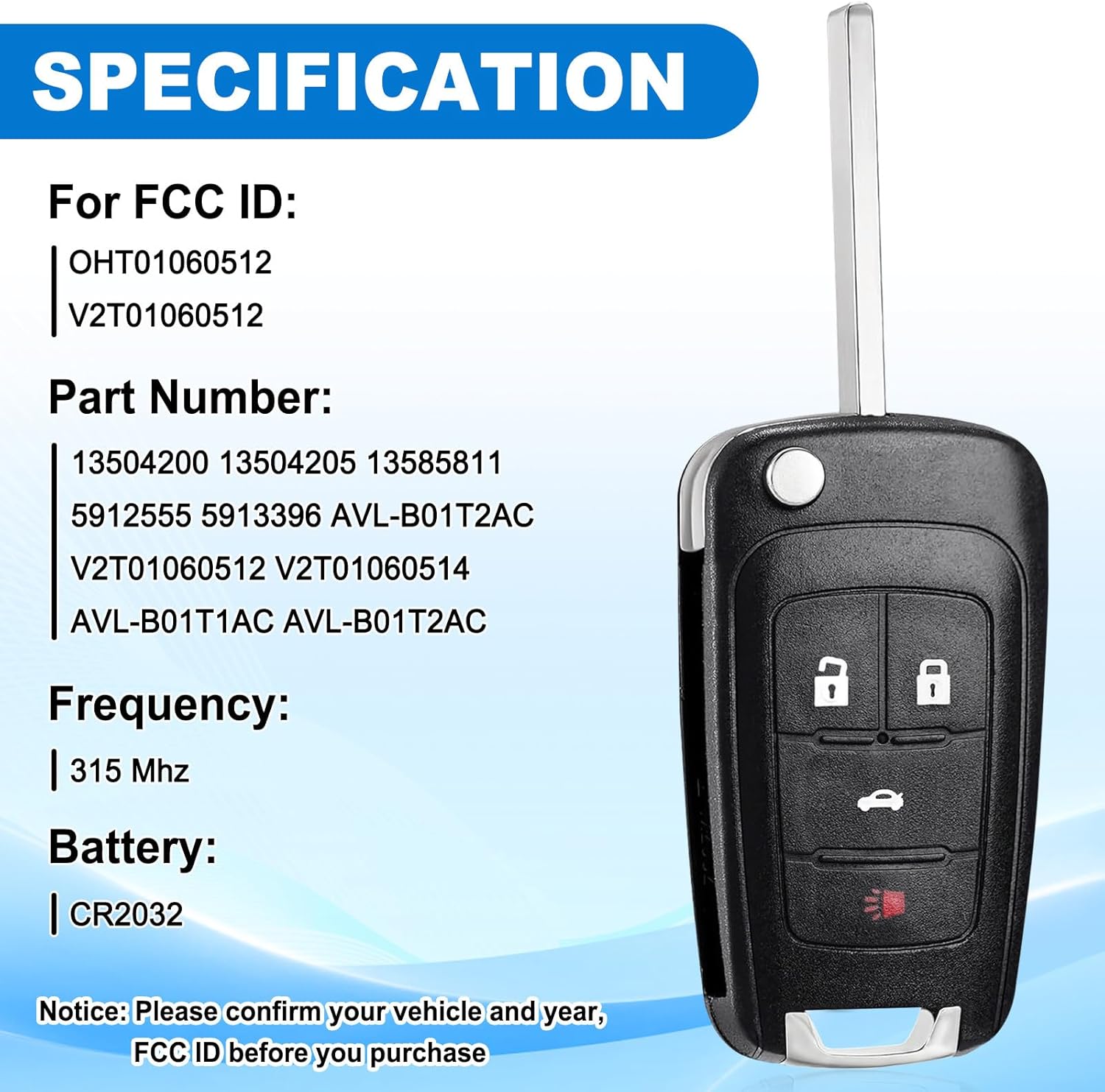 Flip Car Key Fob for Chevy: 2 Pcs Keyless Entry Remote for 2010-2021 Chevy Cruze Camaro Equinox Impala Malibu Sonic, Buick Lacrosse Regal Verano Encore Allure, GMC, OHT01060512, V2T01060512, 315Mhz