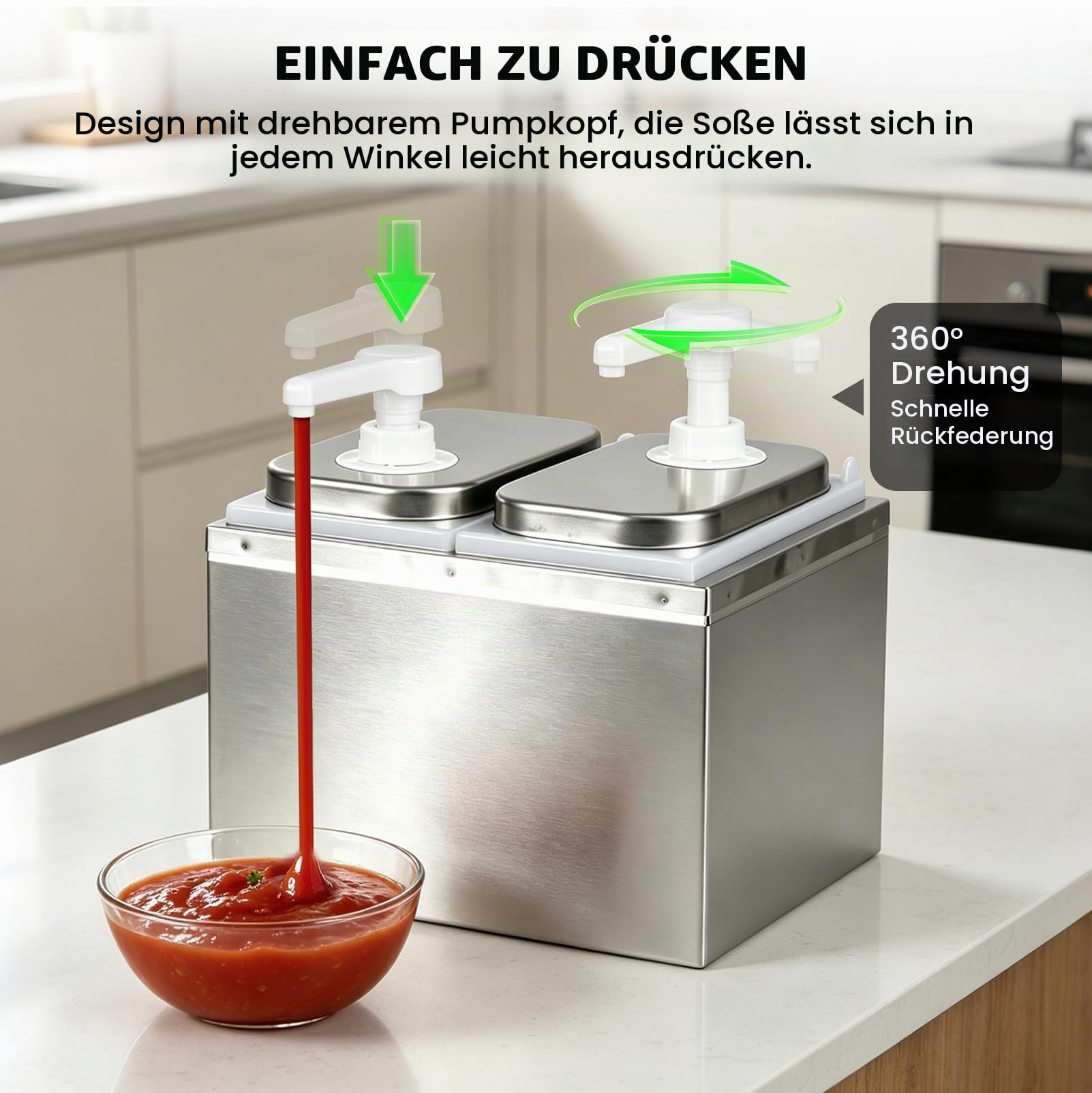 4L Saucenspender Pumpstation, 4 x 2 L Soßenspender Pumpe | Stainless Steel Sauce Dispenser Pump Sauce für Ketchup, Mayo, Senf, Dosierpumpe für Küche Restaurant - 4 Pumps