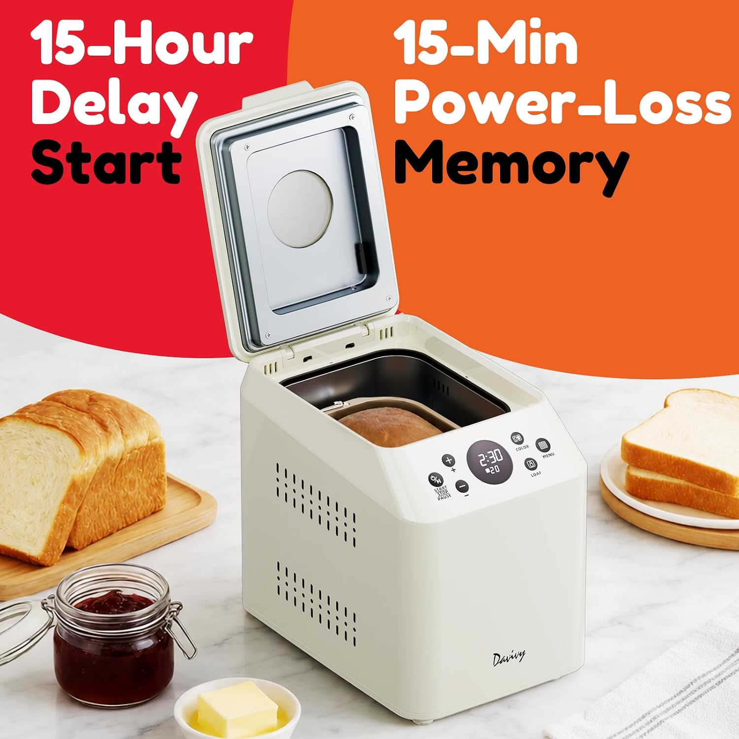 Davivy Bread Maker | 20-in-1 Programmable Bread Machine with PFAS-FREE Ceramic Pan, Dual Heaters, Quiet Motor, 3 LB, Stainless Steel Homemade Bread Maker with Oven Mitts