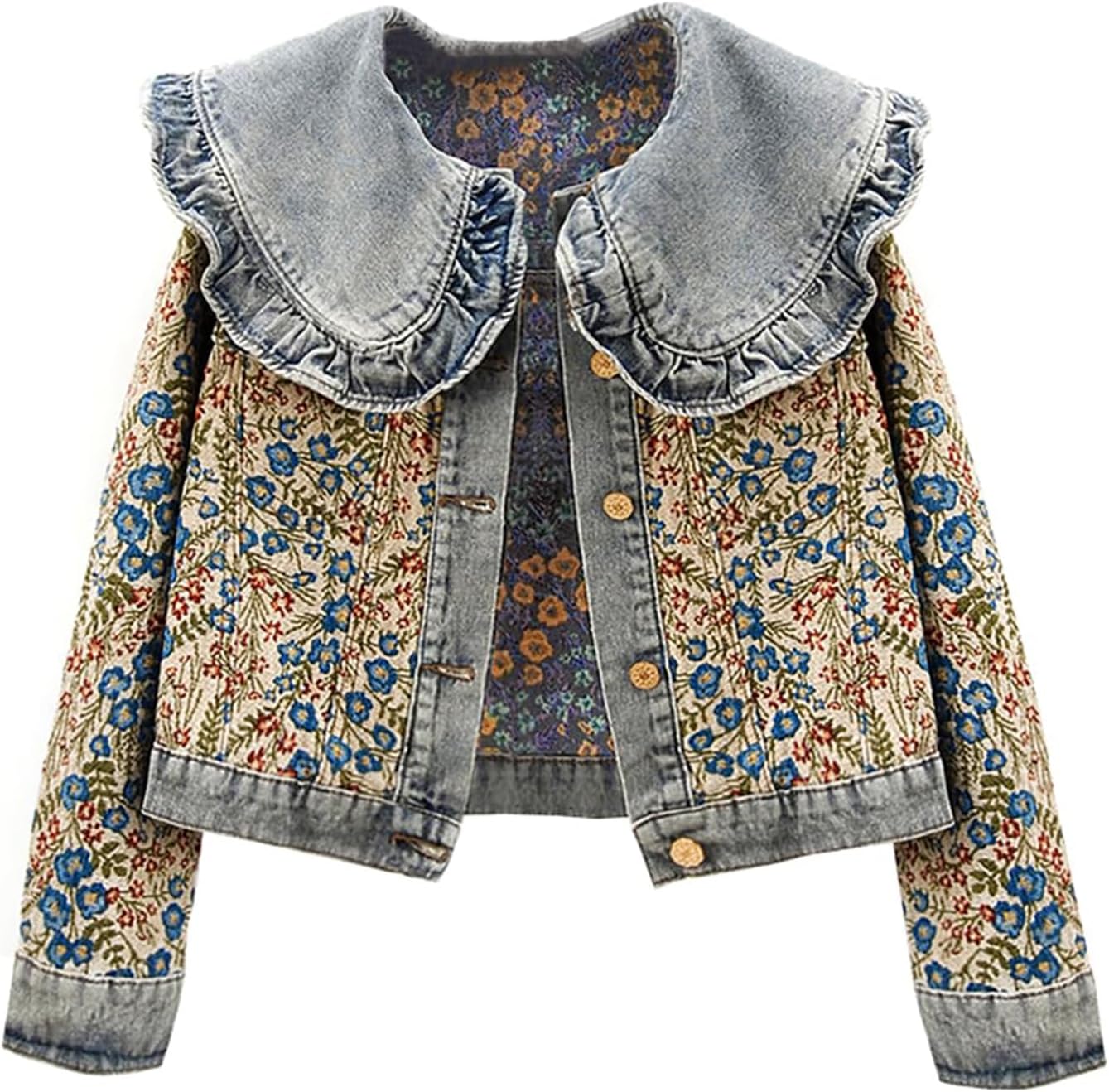 Kedera Women's Jacquard Denim Jacket Long Sleeve Peter Pan Collar Floral Crop Jean Jackets Button Down Denim Shacket