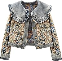 Kedera Women's Floral Jacquard Crop Denim Jacket - Long Sleeve Peter Pan Collar Button-Down Shacket