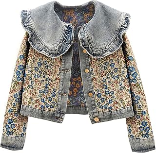 Kedera Women's Floral Jacquard Crop Denim Jacket - Long Sleeve Peter Pan Collar Button-Down Shacket