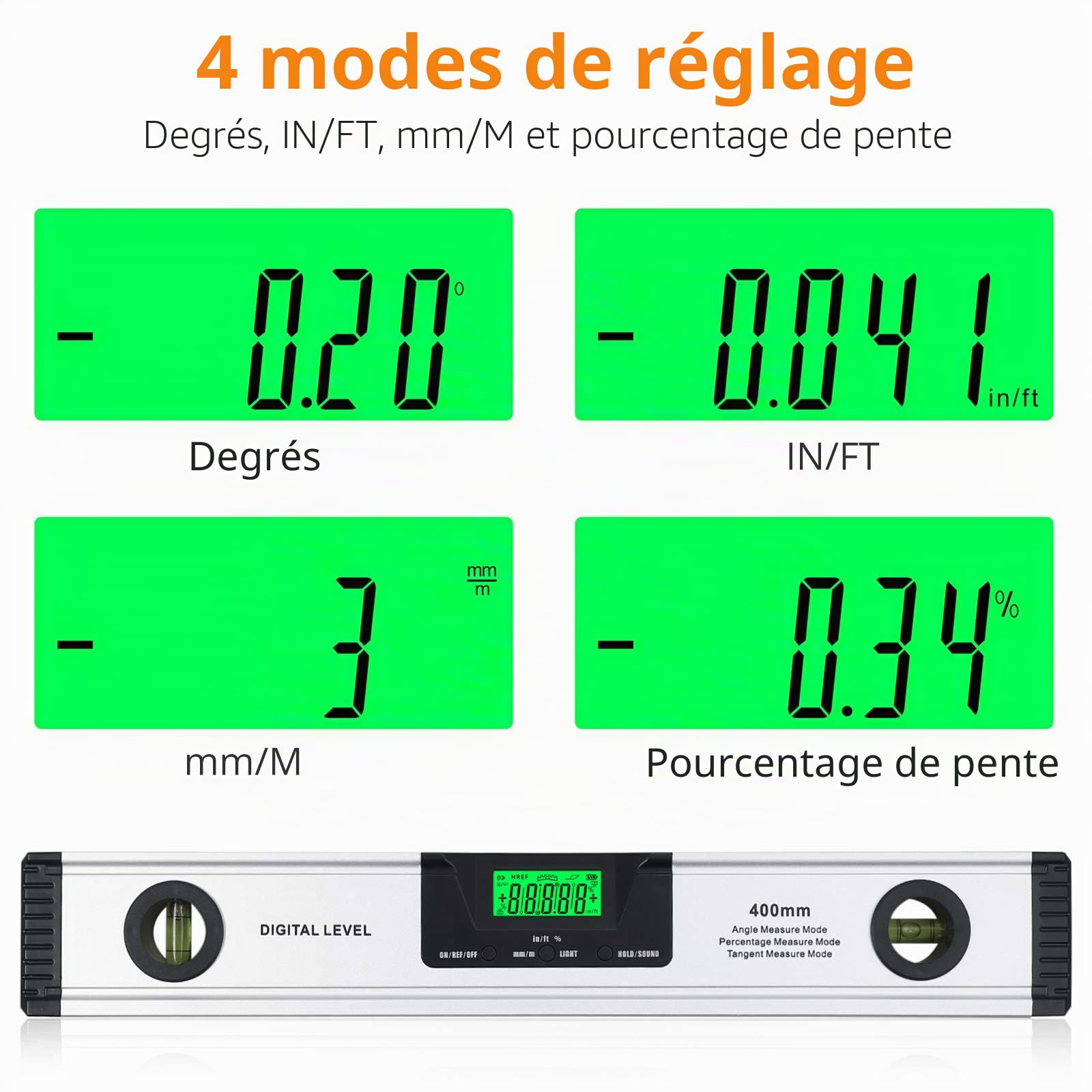 Neoteck 400mm/16inch Niveau à Bulle Numérique avec Indicateur Audio Numérique Spirit Level-Finder Angle en Alliage d'Aluminium avec Base Magnétique Outils de Mesure Angle Jauge Grand Écran LED Clair